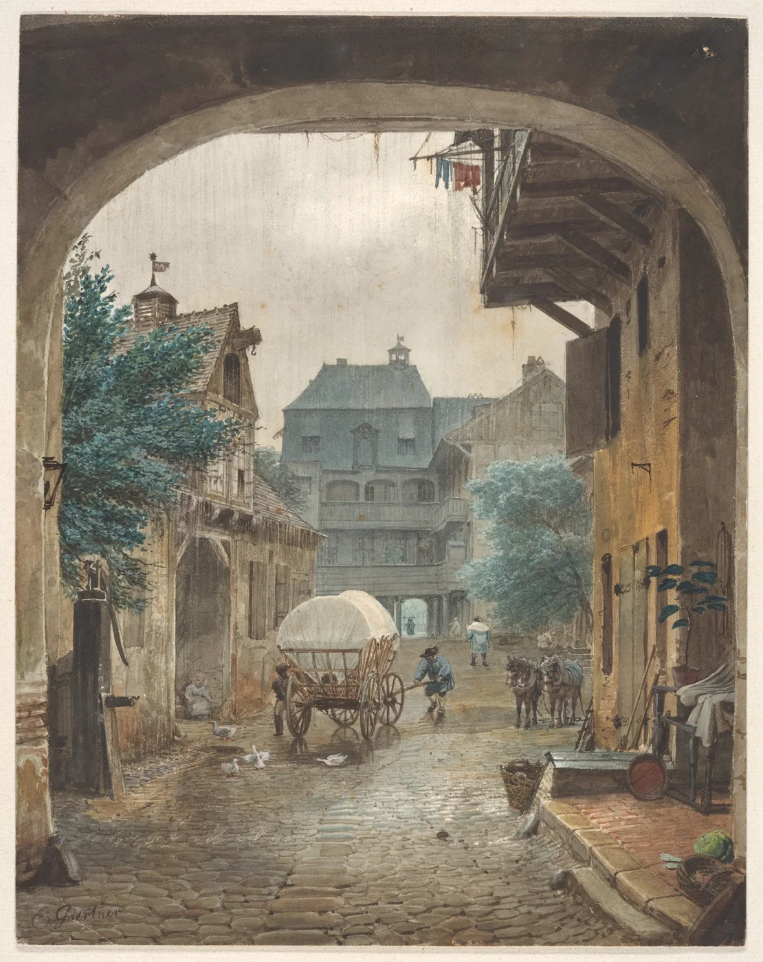Eduard Gaertner, View into the Courtyard of an Inn at Colmar, a courtyard with figures, horses, and a carriage