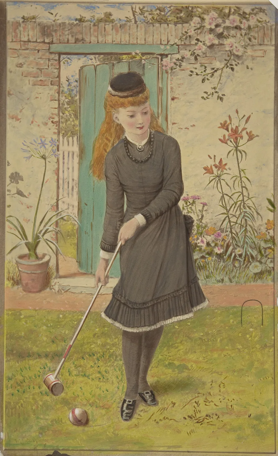 William Stephen Coleman, Girl Playing Croquet, a girl with a mallet on a garden lawn